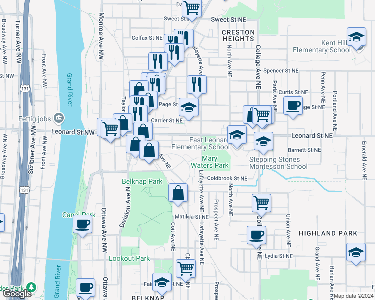 map of restaurants, bars, coffee shops, grocery stores, and more near 220 Barnett Street Northeast in Grand Rapids