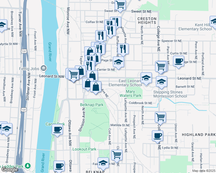 map of restaurants, bars, coffee shops, grocery stores, and more near 142 Barnett Street Northeast in Grand Rapids