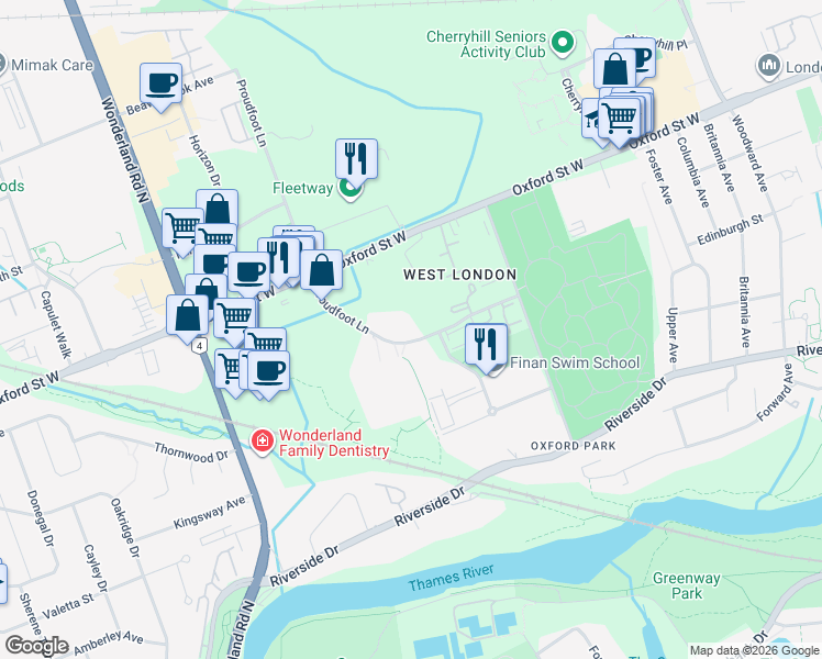 map of restaurants, bars, coffee shops, grocery stores, and more near 570 Proudfoot Lane in London
