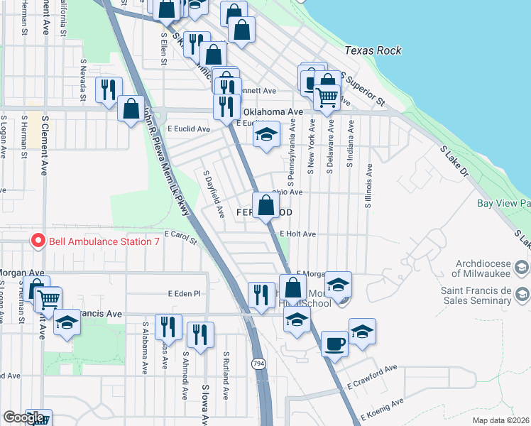map of restaurants, bars, coffee shops, grocery stores, and more near S Kinnickinnic Ave & E Malvern Pl in Milwaukee