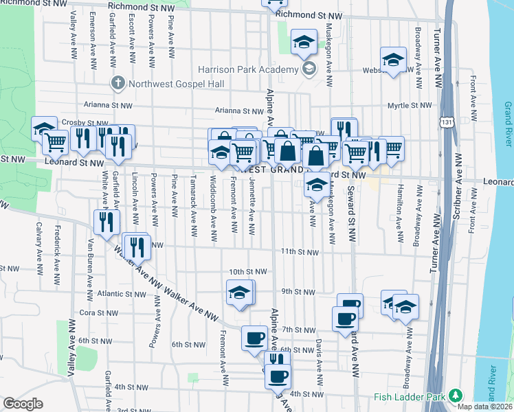 map of restaurants, bars, coffee shops, grocery stores, and more near 1116 Jennette Avenue Northwest in Grand Rapids