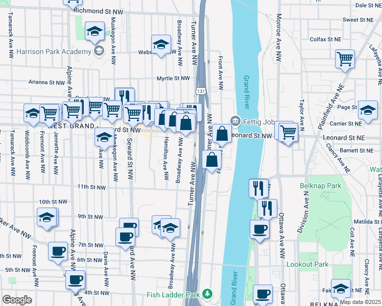 map of restaurants, bars, coffee shops, grocery stores, and more near 1115 Turner Avenue Northwest in Grand Rapids