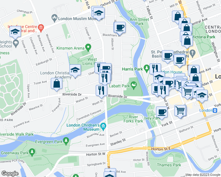 map of restaurants, bars, coffee shops, grocery stores, and more near 30 Kensington Avenue in London