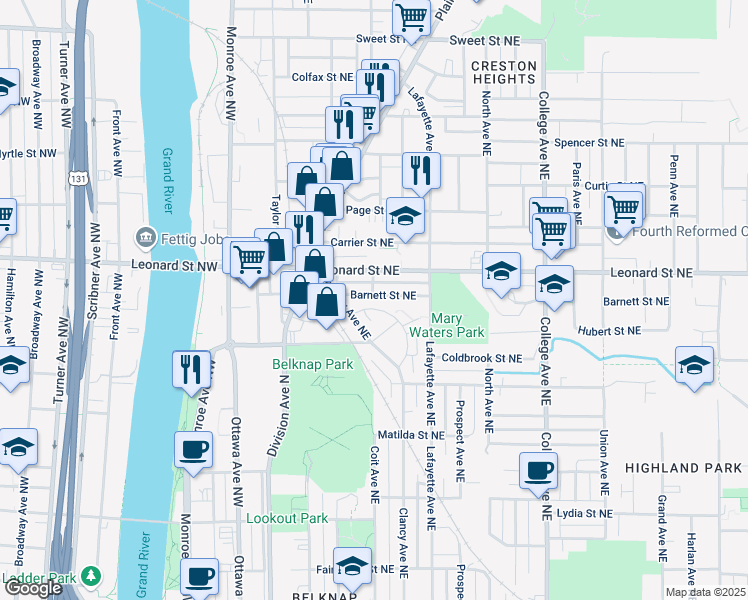 map of restaurants, bars, coffee shops, grocery stores, and more near 150 Barnett Street Northeast in Grand Rapids