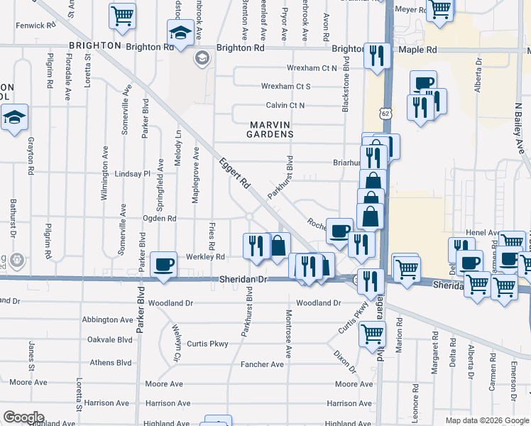 map of restaurants, bars, coffee shops, grocery stores, and more near 2449 Eggert Road in Tonawanda