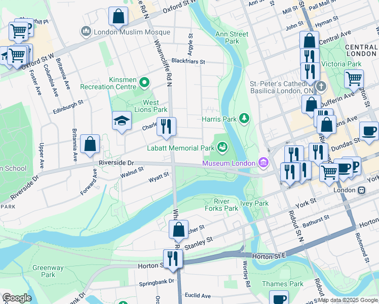 map of restaurants, bars, coffee shops, grocery stores, and more near 22 Kensington Avenue in London