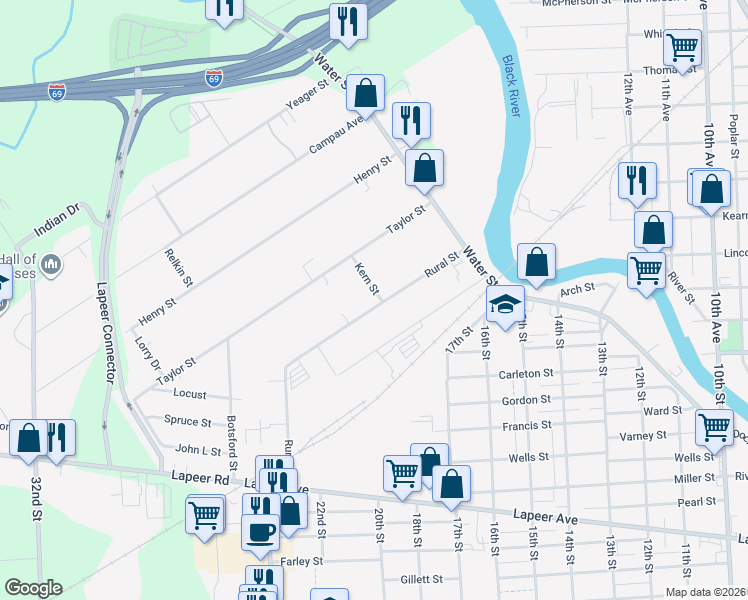 map of restaurants, bars, coffee shops, grocery stores, and more near 1832 Kern Street in Port Huron