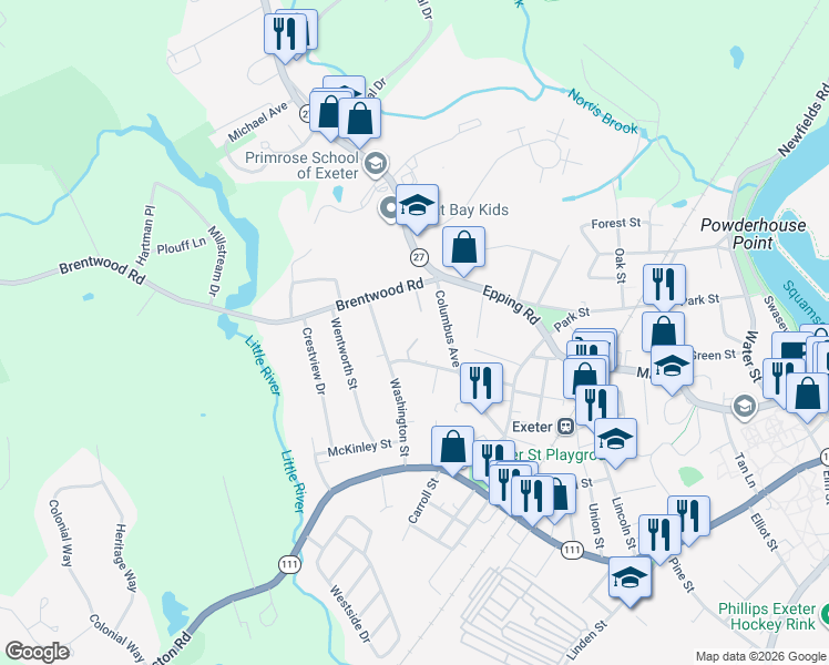 map of restaurants, bars, coffee shops, grocery stores, and more near 89 Washington Street in Exeter