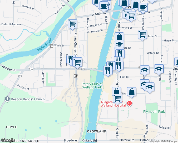 map of restaurants, bars, coffee shops, grocery stores, and more near 119 Lincoln Street in Welland