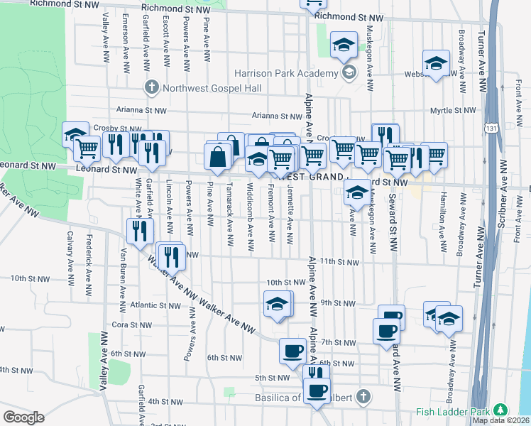 map of restaurants, bars, coffee shops, grocery stores, and more near 1124 Fremont Avenue Northwest in Grand Rapids