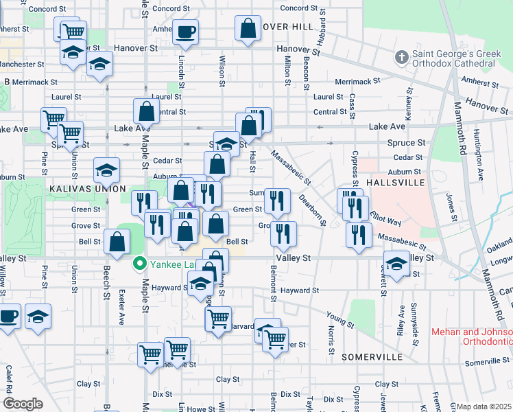 map of restaurants, bars, coffee shops, grocery stores, and more near 361 Hall Street in Manchester