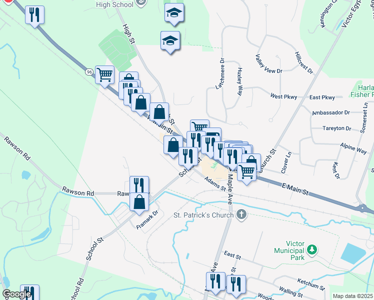 map of restaurants, bars, coffee shops, grocery stores, and more near 121 West Main Street in Victor