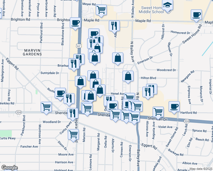 map of restaurants, bars, coffee shops, grocery stores, and more near 422 Delta Road in Buffalo