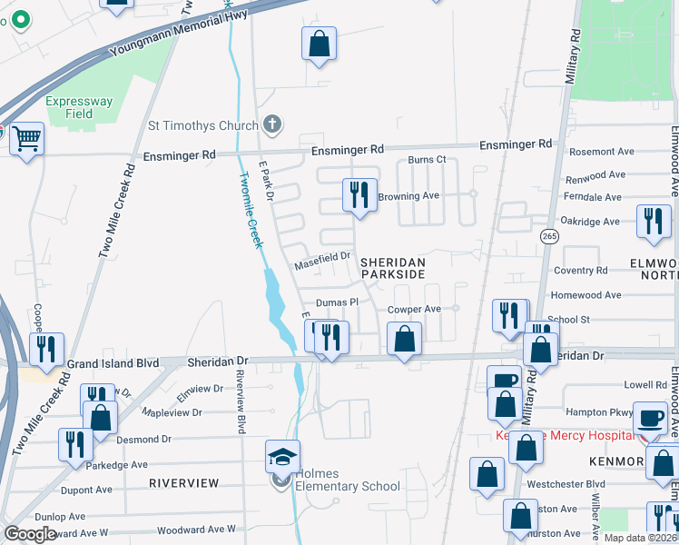 map of restaurants, bars, coffee shops, grocery stores, and more near 118 Sheridan Parkside Drive in Tonawanda