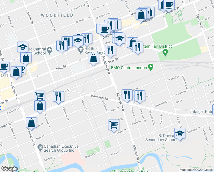 map of restaurants, bars, coffee shops, grocery stores, and more near 570 Horton Street East in London