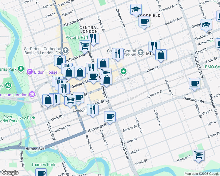 map of restaurants, bars, coffee shops, grocery stores, and more near in London