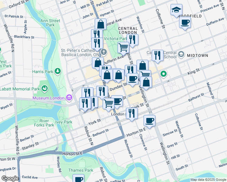 map of restaurants, bars, coffee shops, grocery stores, and more near in London