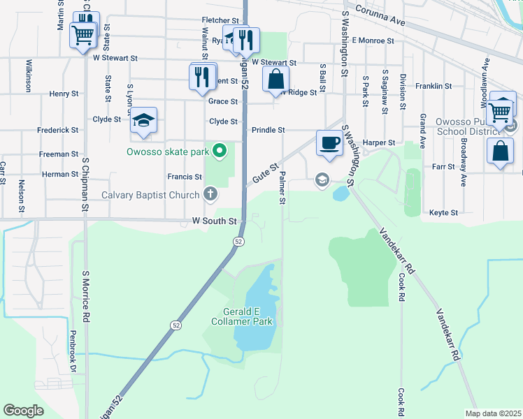 map of restaurants, bars, coffee shops, grocery stores, and more near 1220 Palmer Street in Owosso