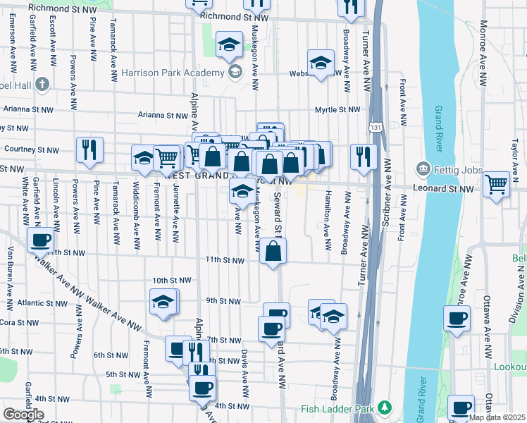 map of restaurants, bars, coffee shops, grocery stores, and more near 1121 Muskegon Avenue Northwest in Grand Rapids