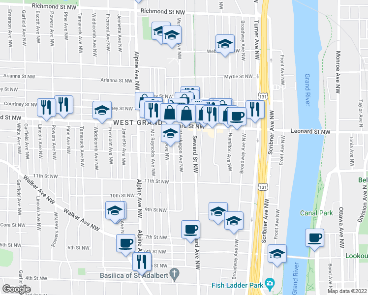 map of restaurants, bars, coffee shops, grocery stores, and more near 1121 Muskegon Avenue Northwest in Grand Rapids