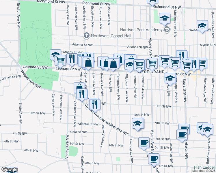 map of restaurants, bars, coffee shops, grocery stores, and more near 1114 Powers Avenue Northwest in Grand Rapids