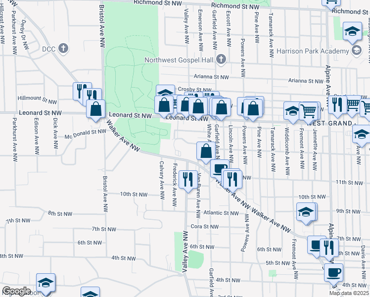 map of restaurants, bars, coffee shops, grocery stores, and more near 1305 Walker Avenue Northwest in Grand Rapids