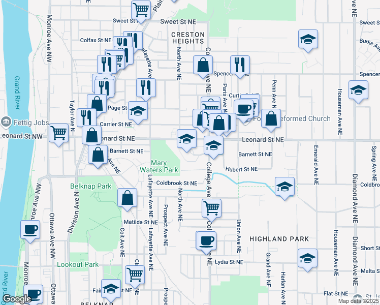 map of restaurants, bars, coffee shops, grocery stores, and more near Barnett Street Northeast in Grand Rapids