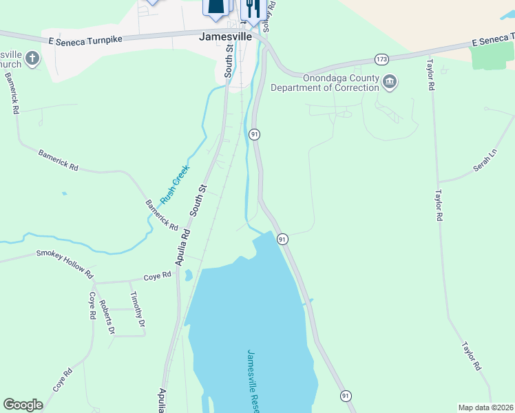 map of restaurants, bars, coffee shops, grocery stores, and more near 3903 County Garage Road in Jamesville
