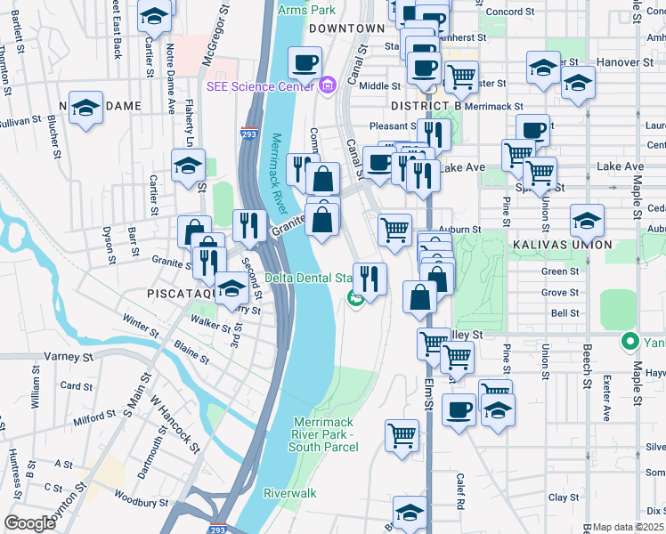 map of restaurants, bars, coffee shops, grocery stores, and more near 55 South Commercial Street in Manchester