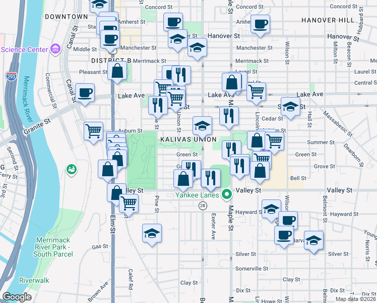 map of restaurants, bars, coffee shops, grocery stores, and more near 224 Green Street in Manchester
