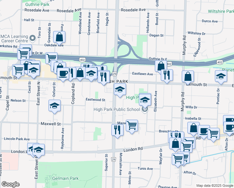 map of restaurants, bars, coffee shops, grocery stores, and more near 766 Indian Road North in Sarnia