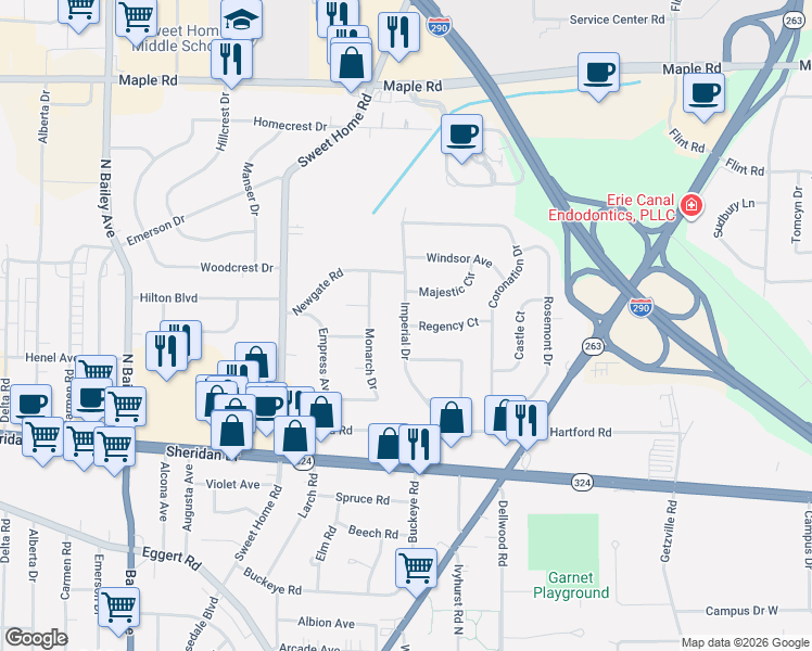 map of restaurants, bars, coffee shops, grocery stores, and more near 98 Regency Court in Buffalo