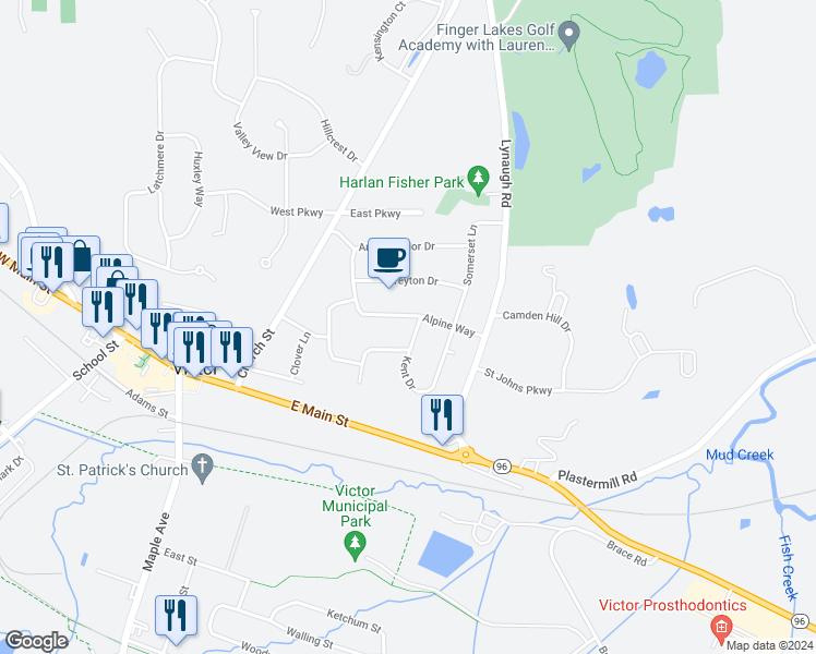 map of restaurants, bars, coffee shops, grocery stores, and more near 7 Alpine Way in Victor