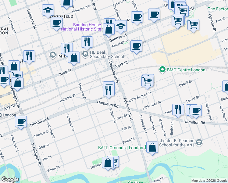 map of restaurants, bars, coffee shops, grocery stores, and more near 576 Horton Street East in London
