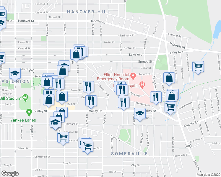 map of restaurants, bars, coffee shops, grocery stores, and more near 290 Massabesic Street in Manchester