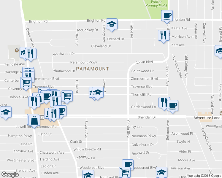 map of restaurants, bars, coffee shops, grocery stores, and more near 311 Traverse Boulevard in Buffalo