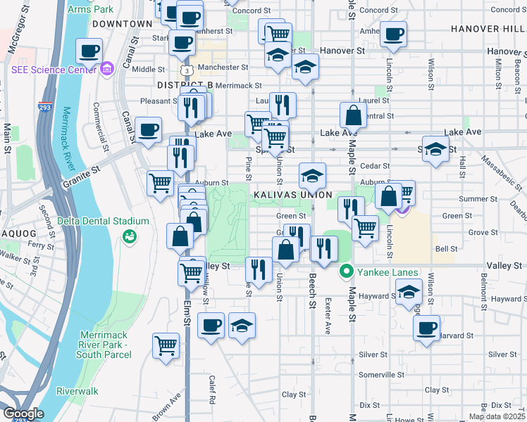 map of restaurants, bars, coffee shops, grocery stores, and more near 178 Green Street in Manchester