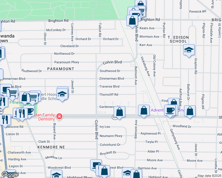 map of restaurants, bars, coffee shops, grocery stores, and more near 435 Traverse Boulevard in Buffalo