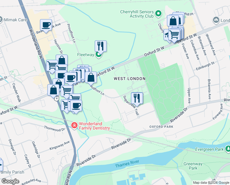 map of restaurants, bars, coffee shops, grocery stores, and more near 570 Proudfoot Lane in London