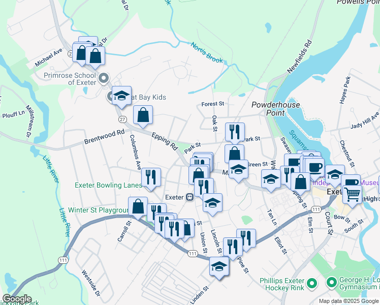 map of restaurants, bars, coffee shops, grocery stores, and more near 68 Park Street in Exeter