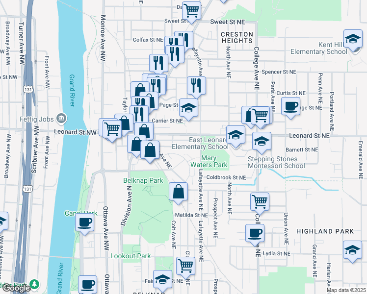 map of restaurants, bars, coffee shops, grocery stores, and more near Barnett Street Northeast in Grand Rapids