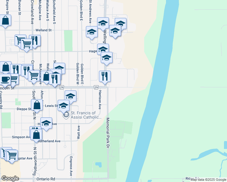 map of restaurants, bars, coffee shops, grocery stores, and more near 744 Lincoln Street in Welland