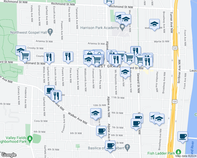 map of restaurants, bars, coffee shops, grocery stores, and more near 1109 Jennette Avenue Northwest in Grand Rapids