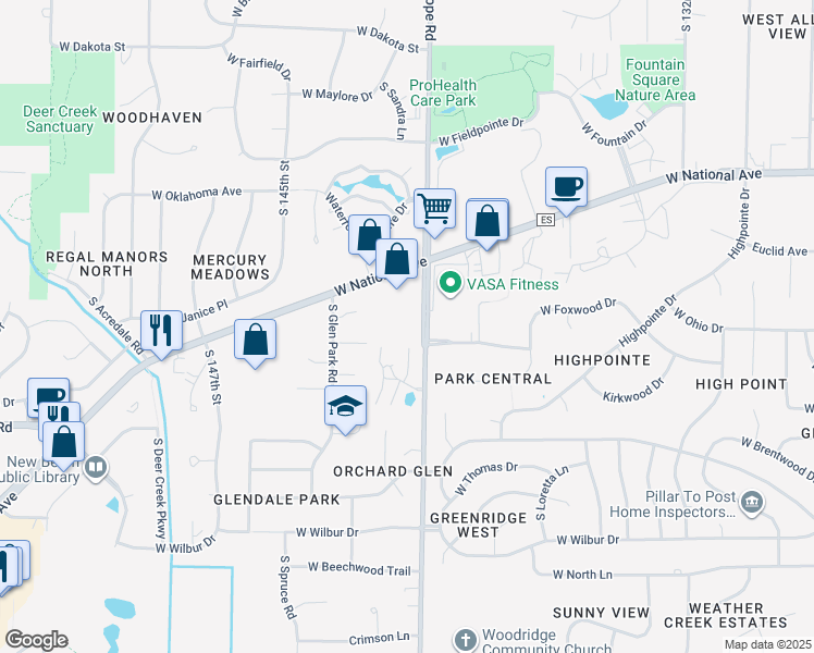 map of restaurants, bars, coffee shops, grocery stores, and more near 3343 South Sunny Slope Road in New Berlin