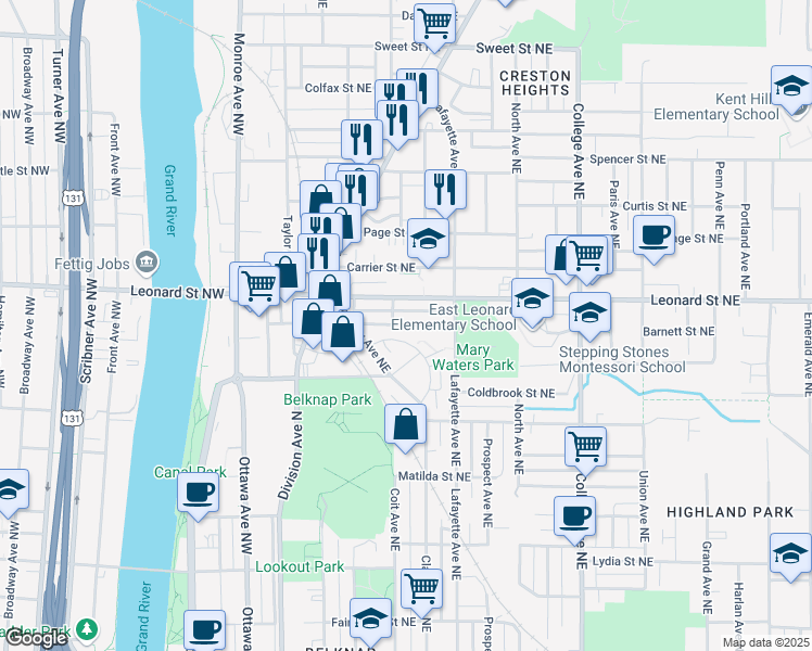 map of restaurants, bars, coffee shops, grocery stores, and more near 220 Barnett Street Northeast in Grand Rapids