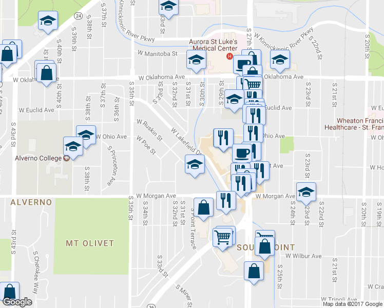map of restaurants, bars, coffee shops, grocery stores, and more near 3009 West Lakefield Drive in Milwaukee