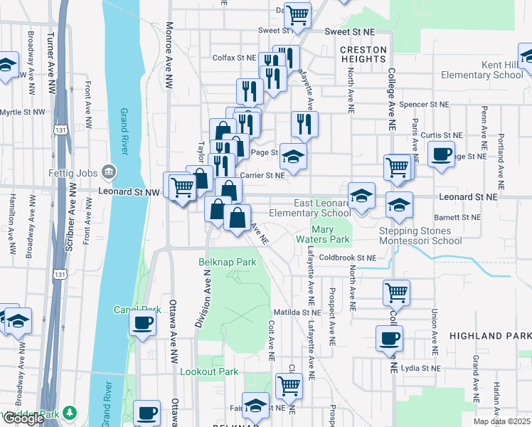 map of restaurants, bars, coffee shops, grocery stores, and more near 150 Barnett Street Northeast in Grand Rapids