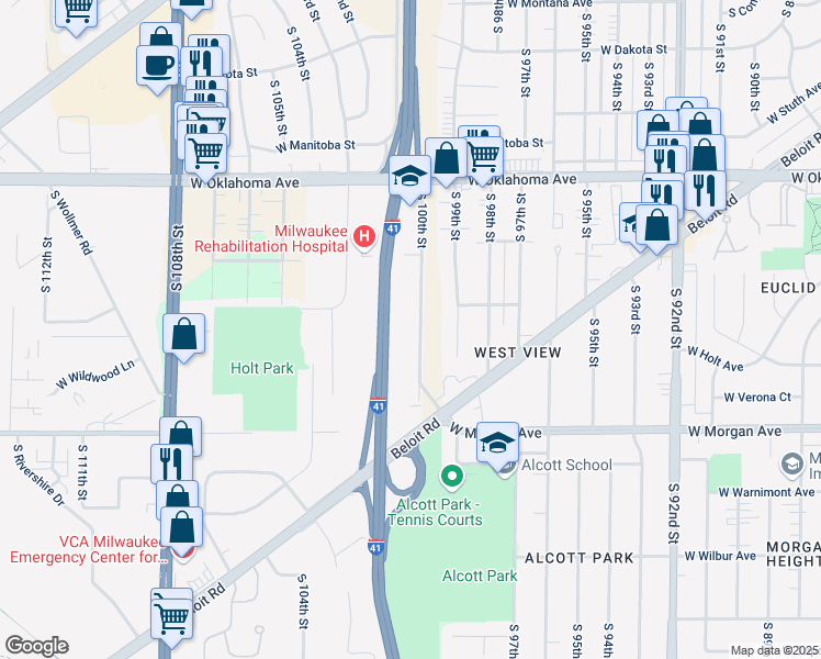 map of restaurants, bars, coffee shops, grocery stores, and more near 3319 South 100th Street in Milwaukee