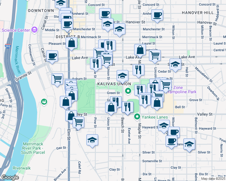 map of restaurants, bars, coffee shops, grocery stores, and more near 224 Green Street in Manchester
