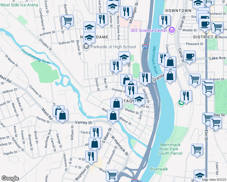 map of restaurants, bars, coffee shops, grocery stores, and more near 445 Granite Street in Manchester
